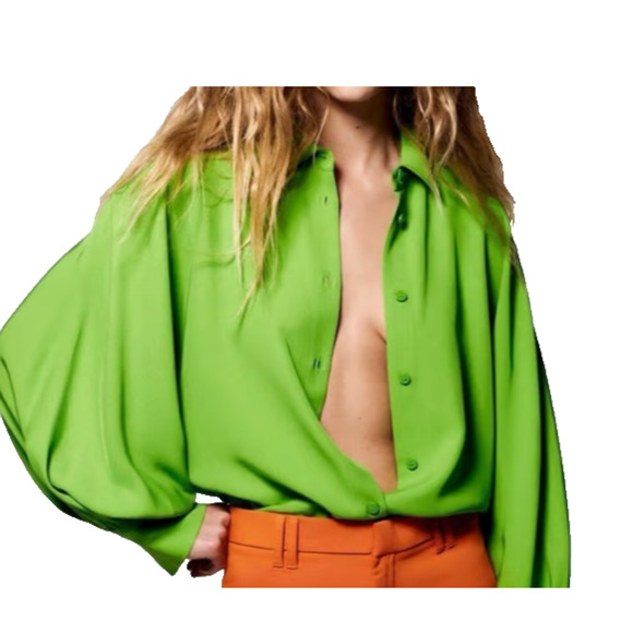 Zara Tops - Zara Green Women's Button Down Collared Shirt Top Blouse Green Boho L A004991